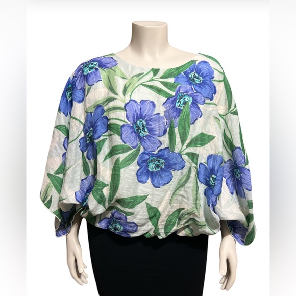 NWT Karen Kane Plus Size 3X Blouson Scarf Tunic Top 100% Linen Floral Leaf - Picture 2 of 11